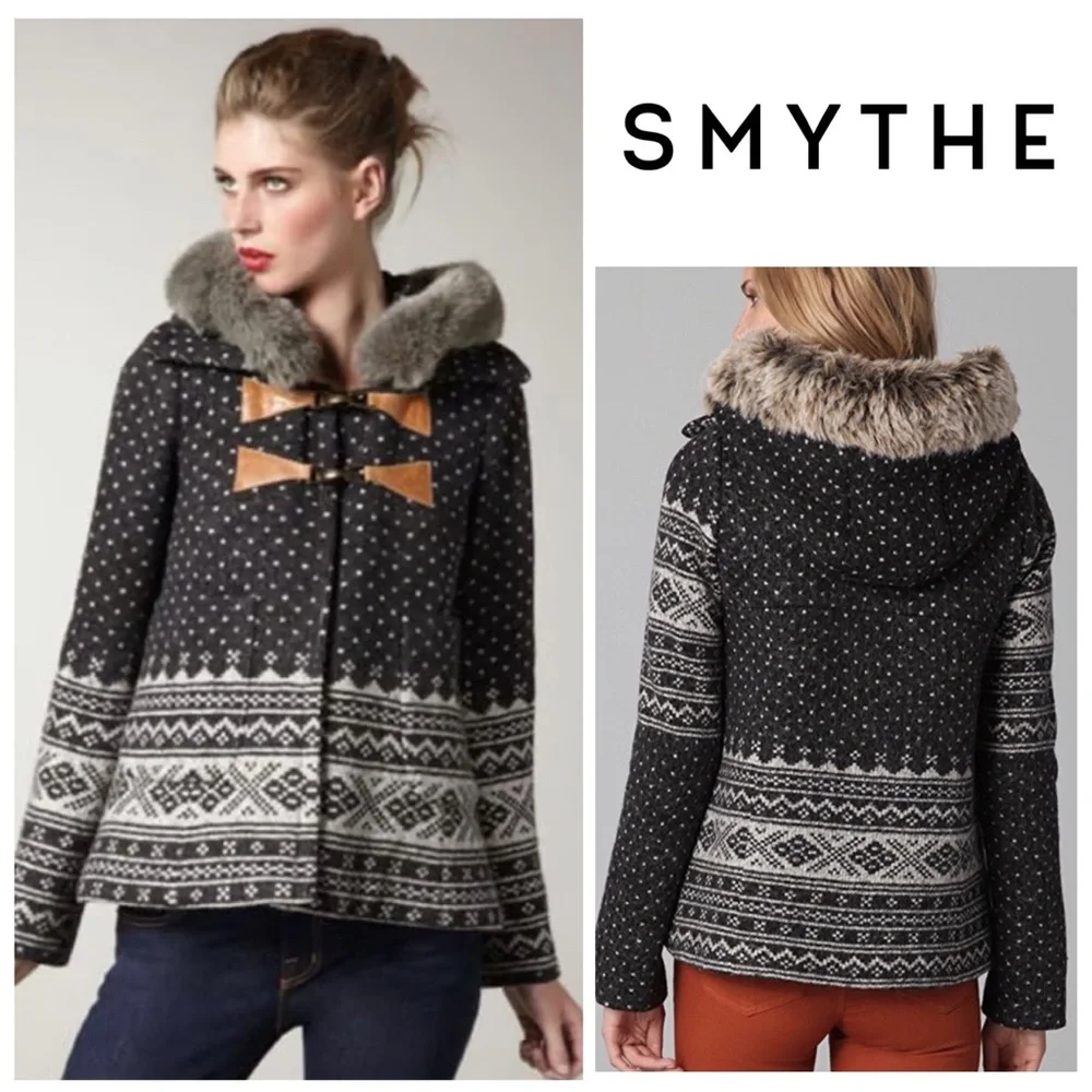 Smythe Fair Isle Fur Trim Hooded Duffle Coat in Dark Grey & Cream - Picture 2 of 11